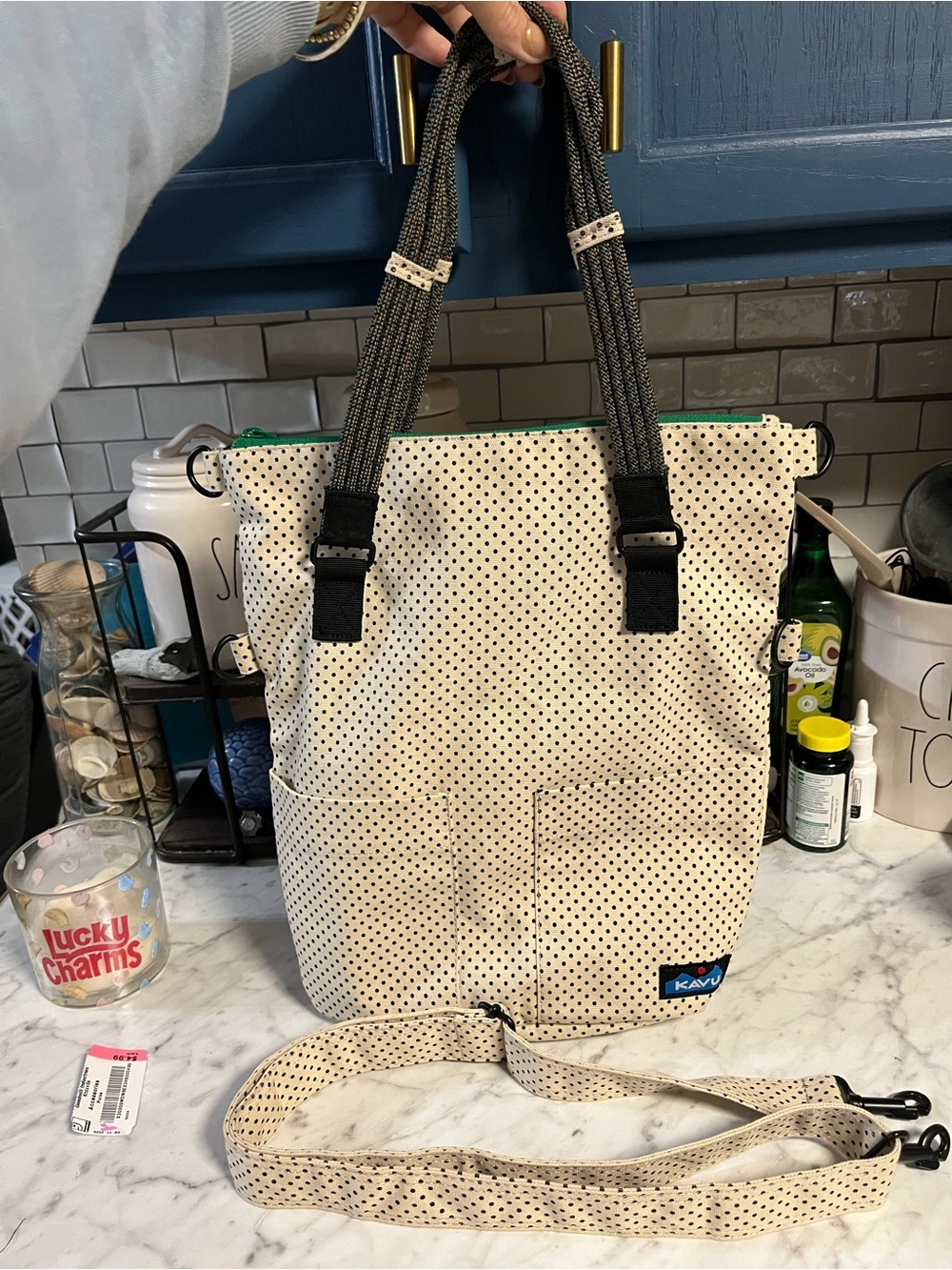Kavu Cream Polka Dot Convertible Tote with Black Accents